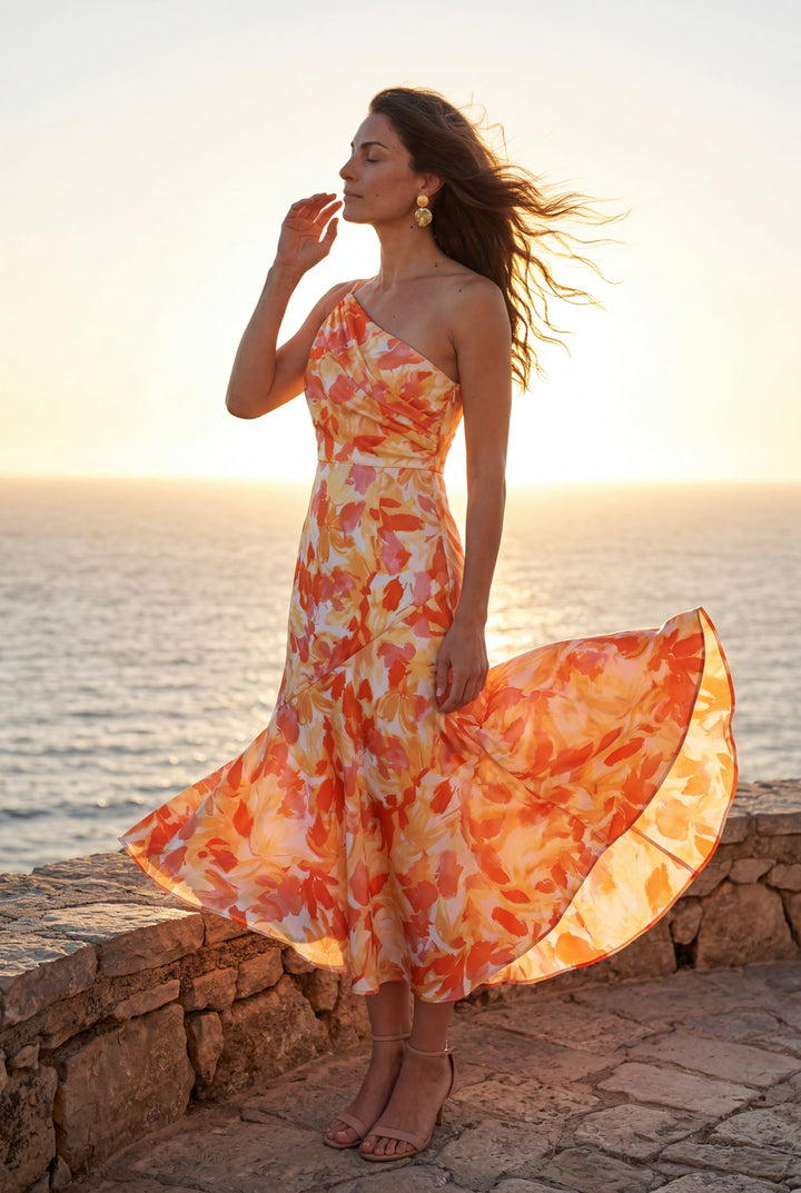 Eye-catching floral one-shoulder midi dress, perfect for spring/summer races.