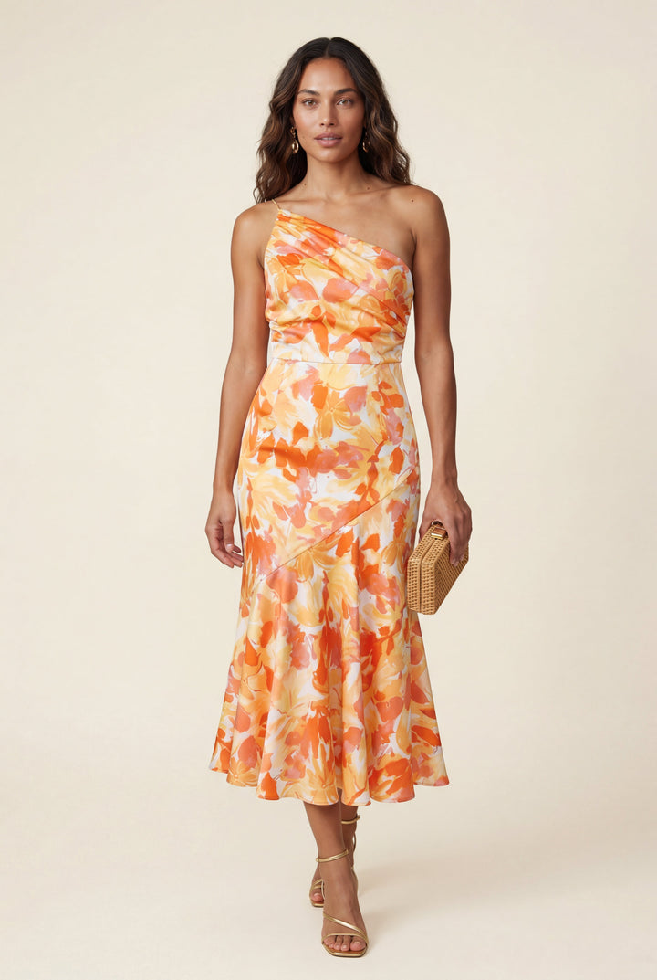Chic one-shoulder midi dress with a beautiful floral pattern, perfect for race day.