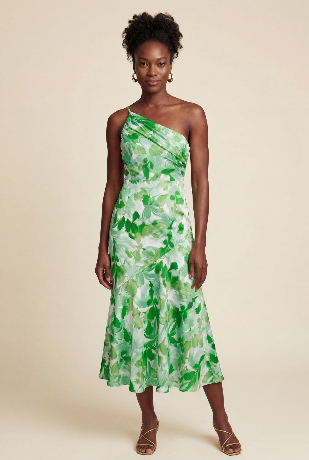 Sophisticated floral one-shoulder midi dress, excellent for summer parties & events.