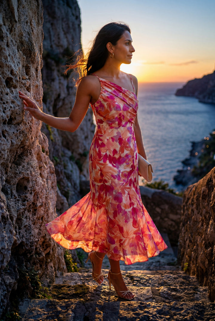 Flowy floral one-shoulder midi dress for women, ideal for spring/summer occasions.