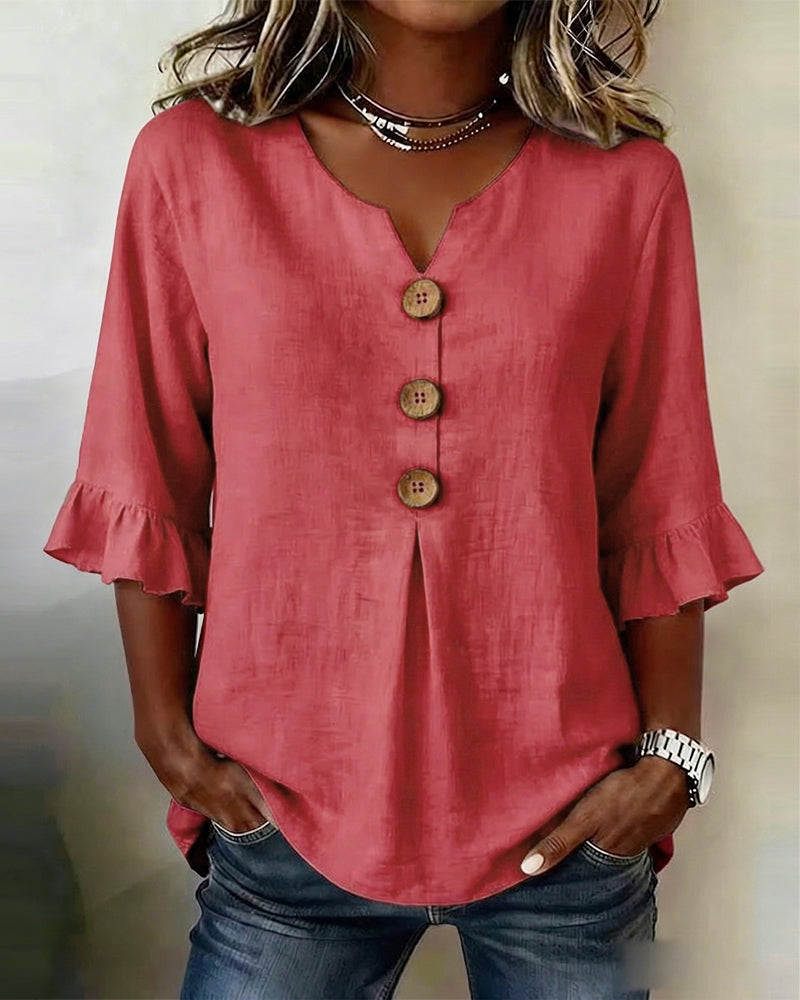 Stylish women's blouse, v-neck, short ruffle sleeves, ideal for everyday casual wear.