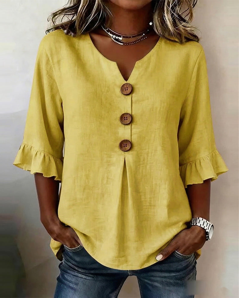 Elegant button-front summer top for women, featuring fashionable ruffle sleeve details.