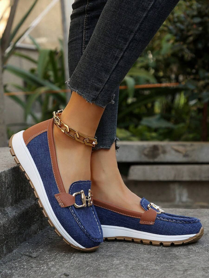 Non-slip women's orthopedic loafers, easy slip-on, stylish gold detail, ultimate comfort.