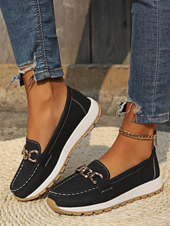 Elegant women's slip-on loafers with gold accent, orthopedic comfort, suitable for casual & daily wear.