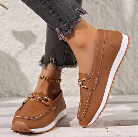 Luxurious women's orthopedic slip-on loafers, gold hardware, comfortable & non-slip design.