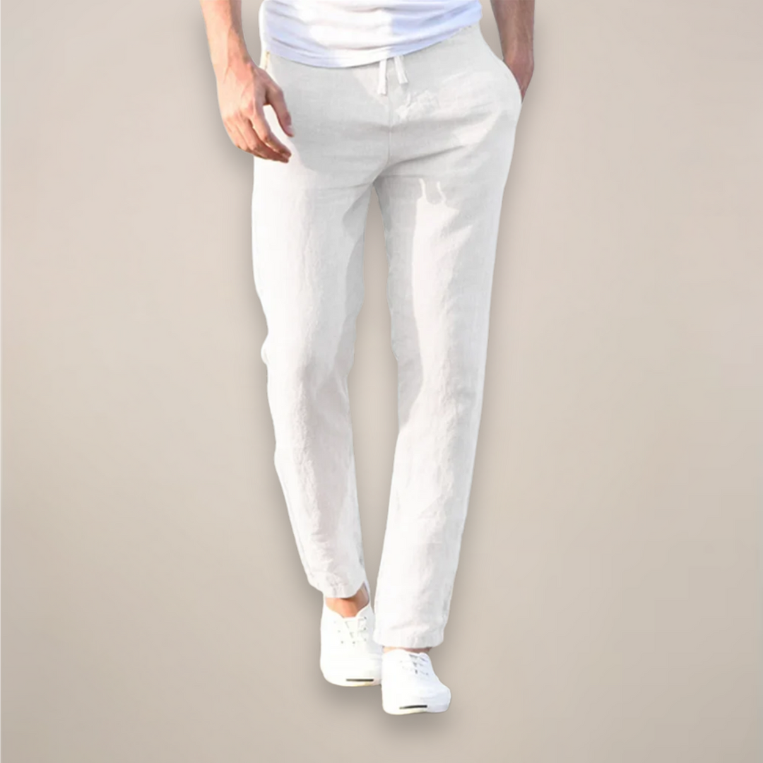 Men's relaxed fit linen pants with straight leg and drawstring waist, perfect for casual summer comfort.