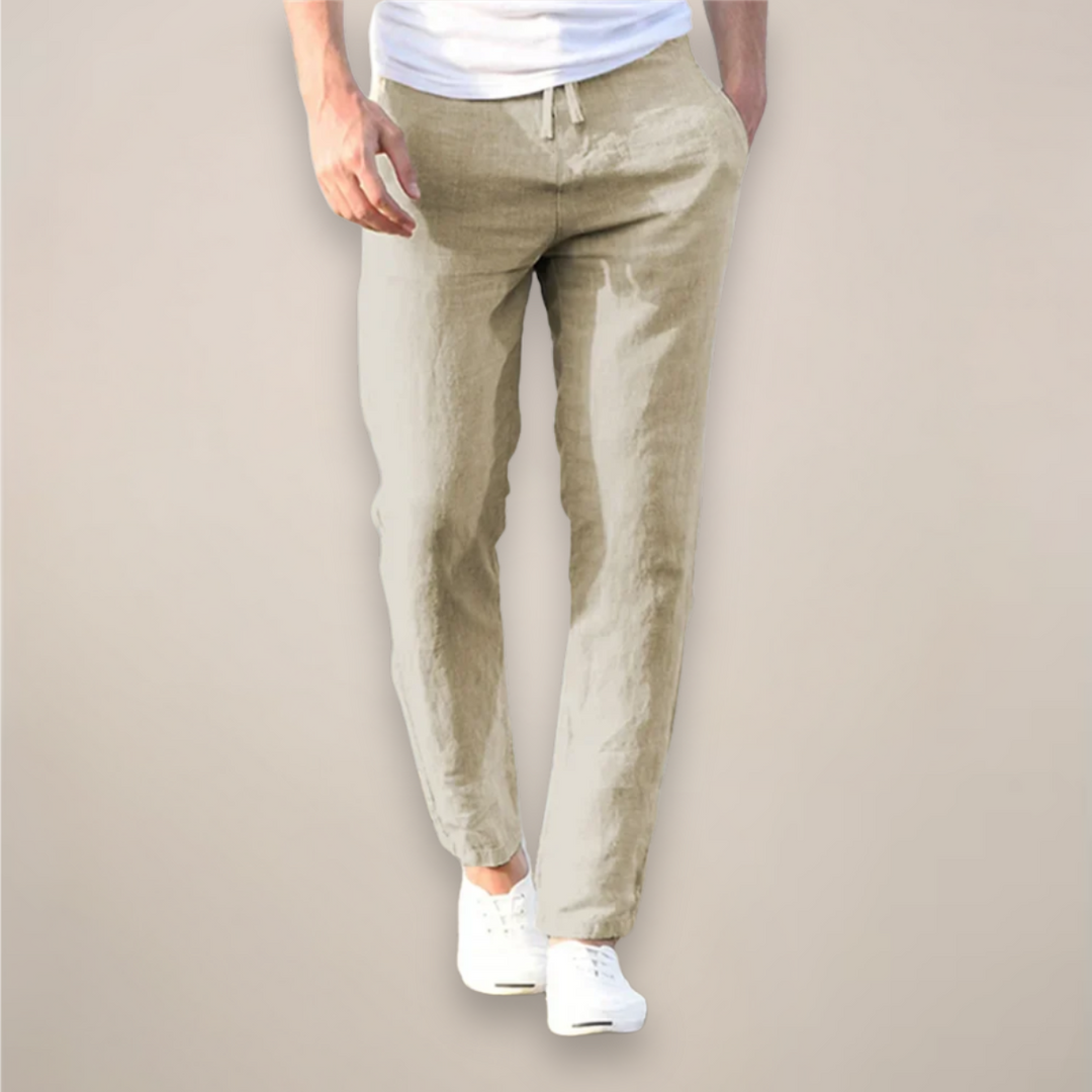 Casual men's straight leg linen drawstring pants for versatile warm weather wear. Ideal for weekend or everyday.