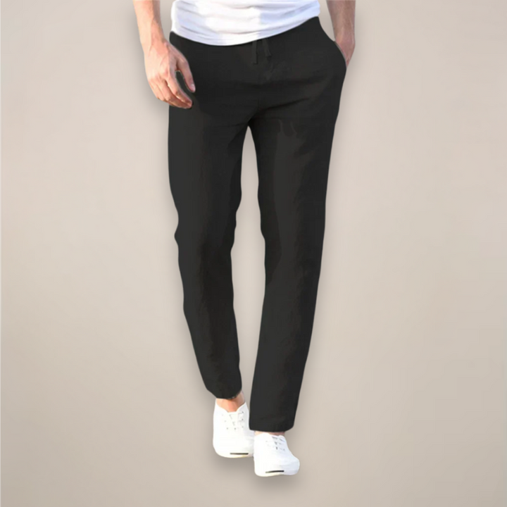 Comfortable men's straight leg linen pants with adjustable drawstring waist for a relaxed, everyday fit.
