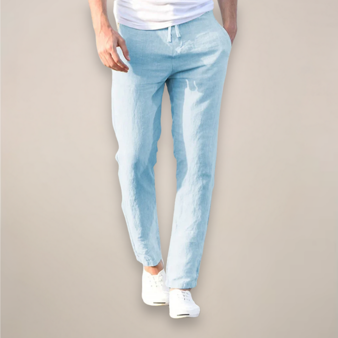 Stylish men's straight leg linen pants with drawstring, offering a refined casual look for summer and warm weather.