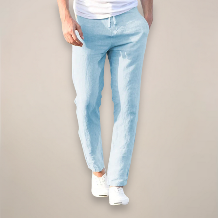 Stylish men's straight leg linen pants with drawstring, offering a refined casual look for summer and warm weather.