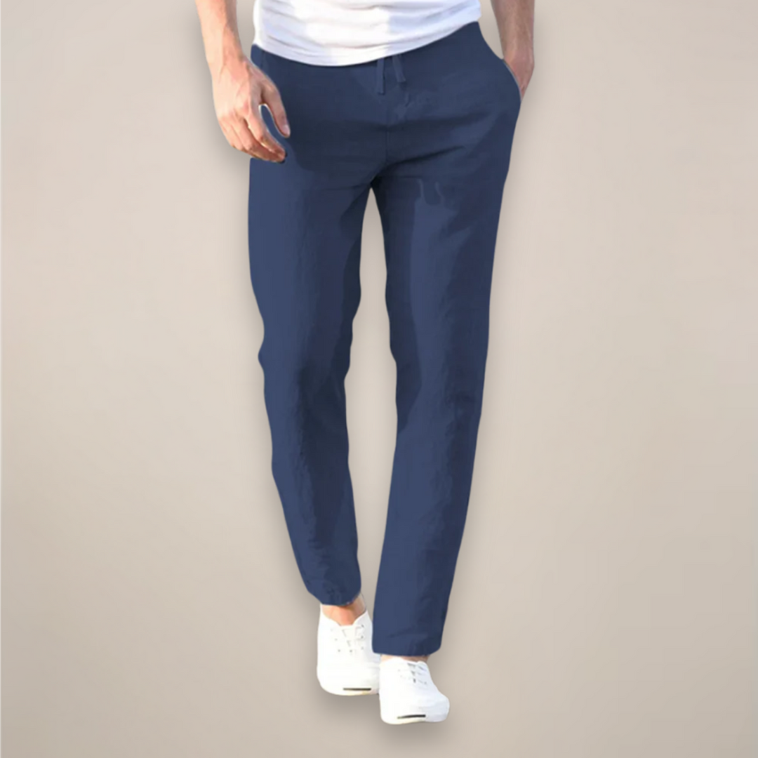 Versatile men's linen drawstring straight leg pants, perfect for comfortable casual wear from spring to summer.