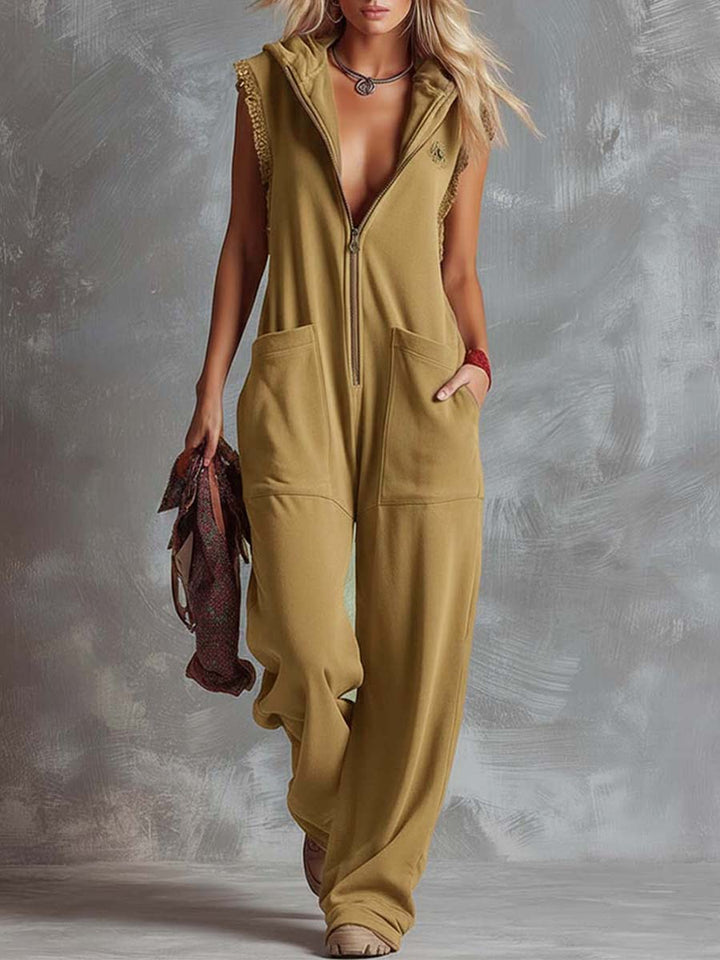 Soft women's hooded sleeveless wide-leg jumpsuit for ultimate comfort. Perfect versatile one-piece for loungewear.