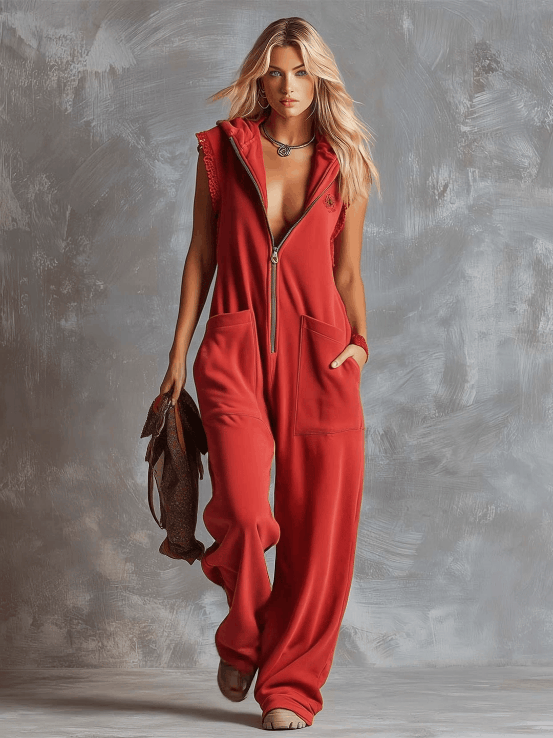 Comfortable women's hooded sleeveless wide-leg jumpsuit. A chic one-piece for spring & summer casual wear.
