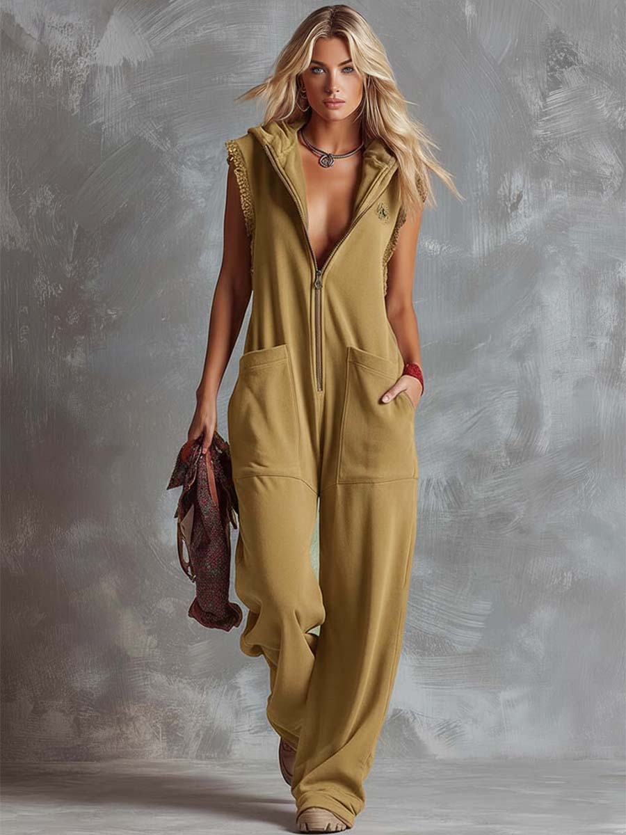 Women's casual hooded sleeveless wide-leg jumpsuit. A comfortable one-piece for versatile spring & summer fashion.
