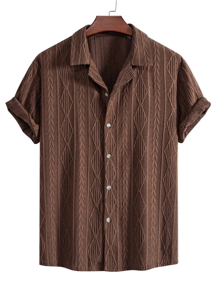 Men's textured camp collar shirt, short-sleeve, relaxed fit. Perfect for summer casual wear.