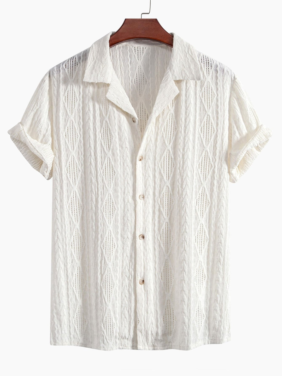 Textured men's camp collar shirt with short sleeves & relaxed fit. Ideal for warm weather style.