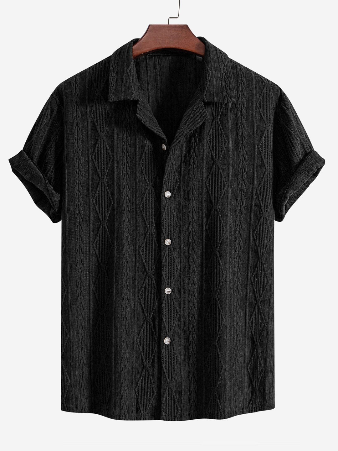 Casual men's short-sleeve camp collar shirt, relaxed fit, textured fabric. Great for summer outings.