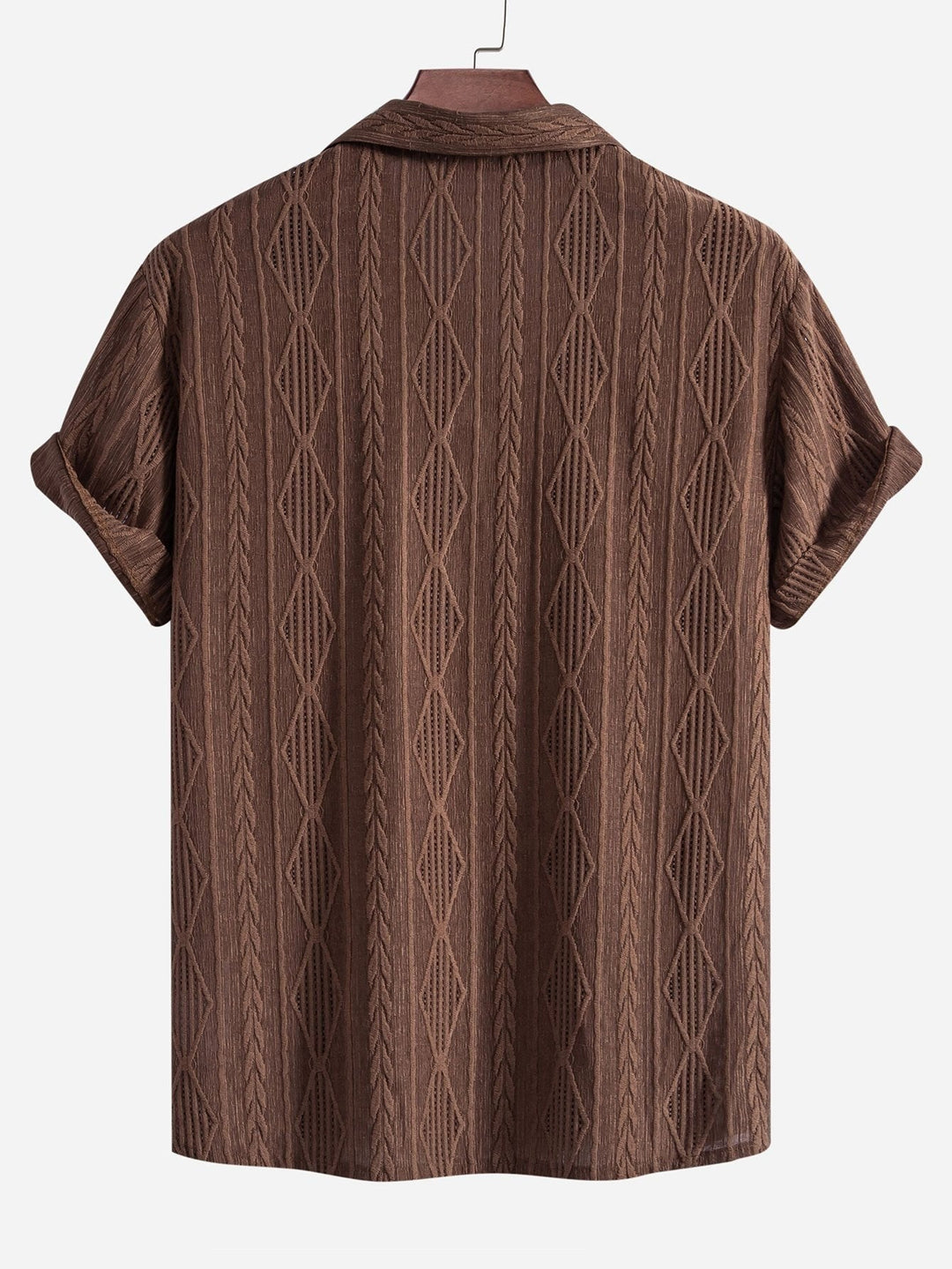Relaxed fit men's textured camp collar shirt, short sleeves, comfortable & stylish for warm weather.