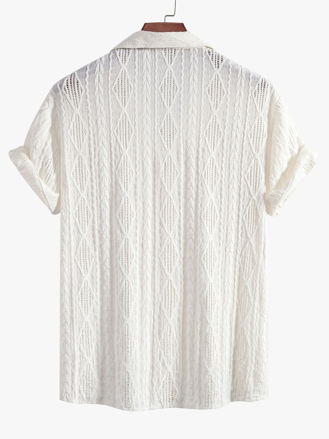 Men's textured short-sleeve button-down camp collar shirt, relaxed fit. Summer fashion essential.
