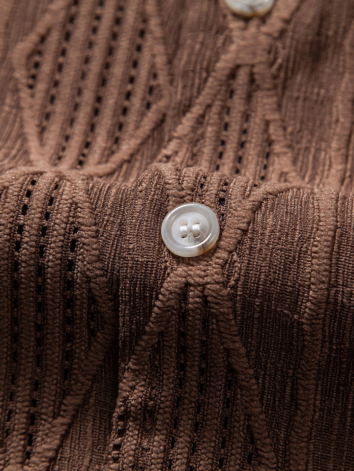 Men's relaxed fit textured camp collar shirt, short-sleeve, button-down. Ideal for casual summer fashion.