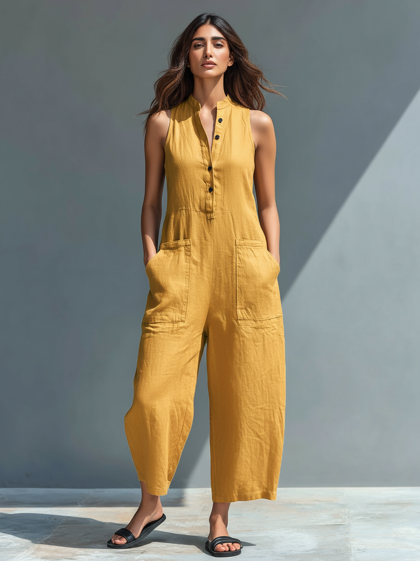 Elegant women's summer jumpsuit with a wide leg and sleeveless design. Comfortable one-piece casual apparel.
