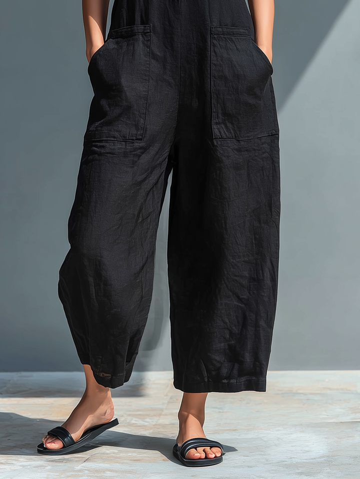 Sleeveless wide leg women's jumpsuit, designed for a chic and casual summer look. Elegant one-piece.