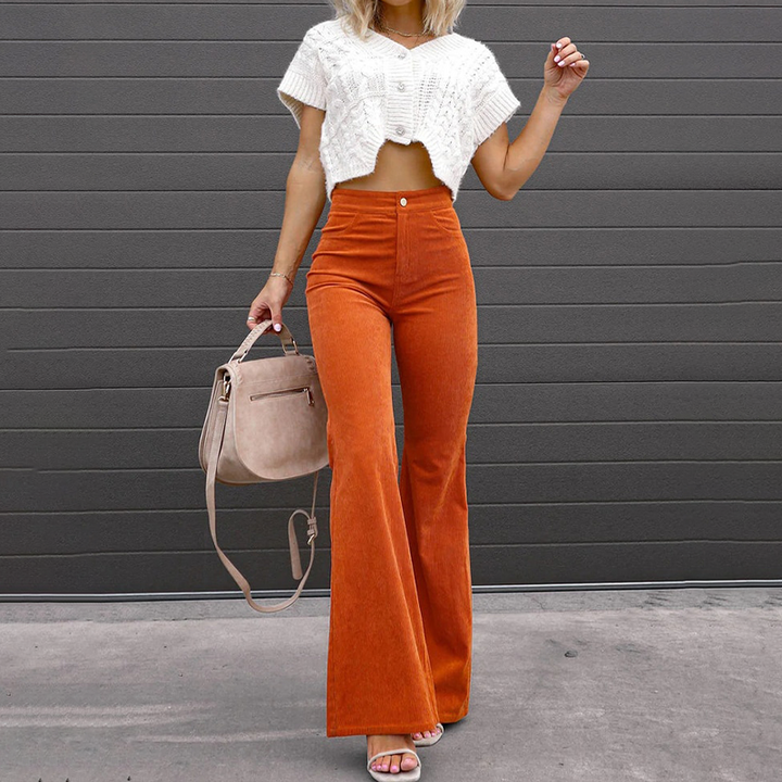 Crimson Red Curve-Fit Bellbottom Pants: high-waisted, comfortable wide-leg design, perfect for retro women's fashion.