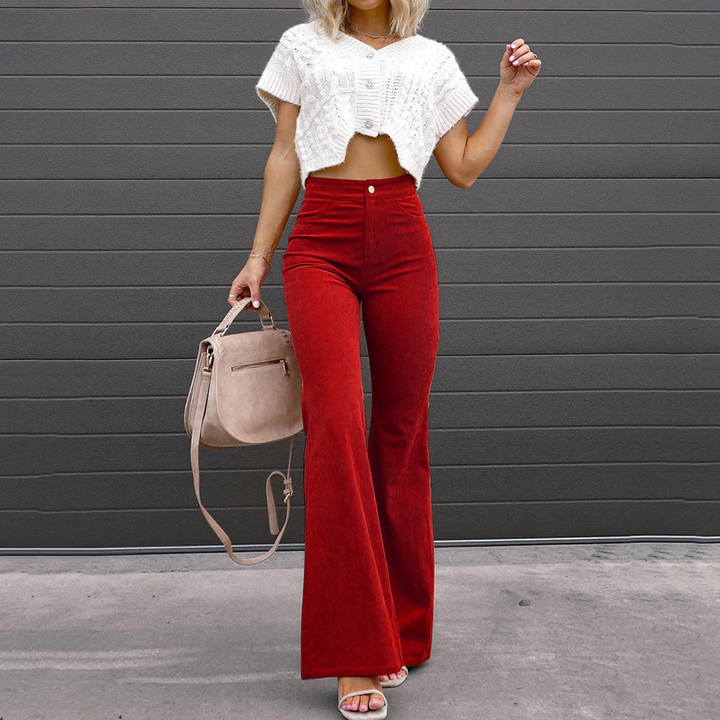 Sandy Taupe High-Waisted Bellbottoms: curve-fit wide-leg flare pants for a chic vintage style.
