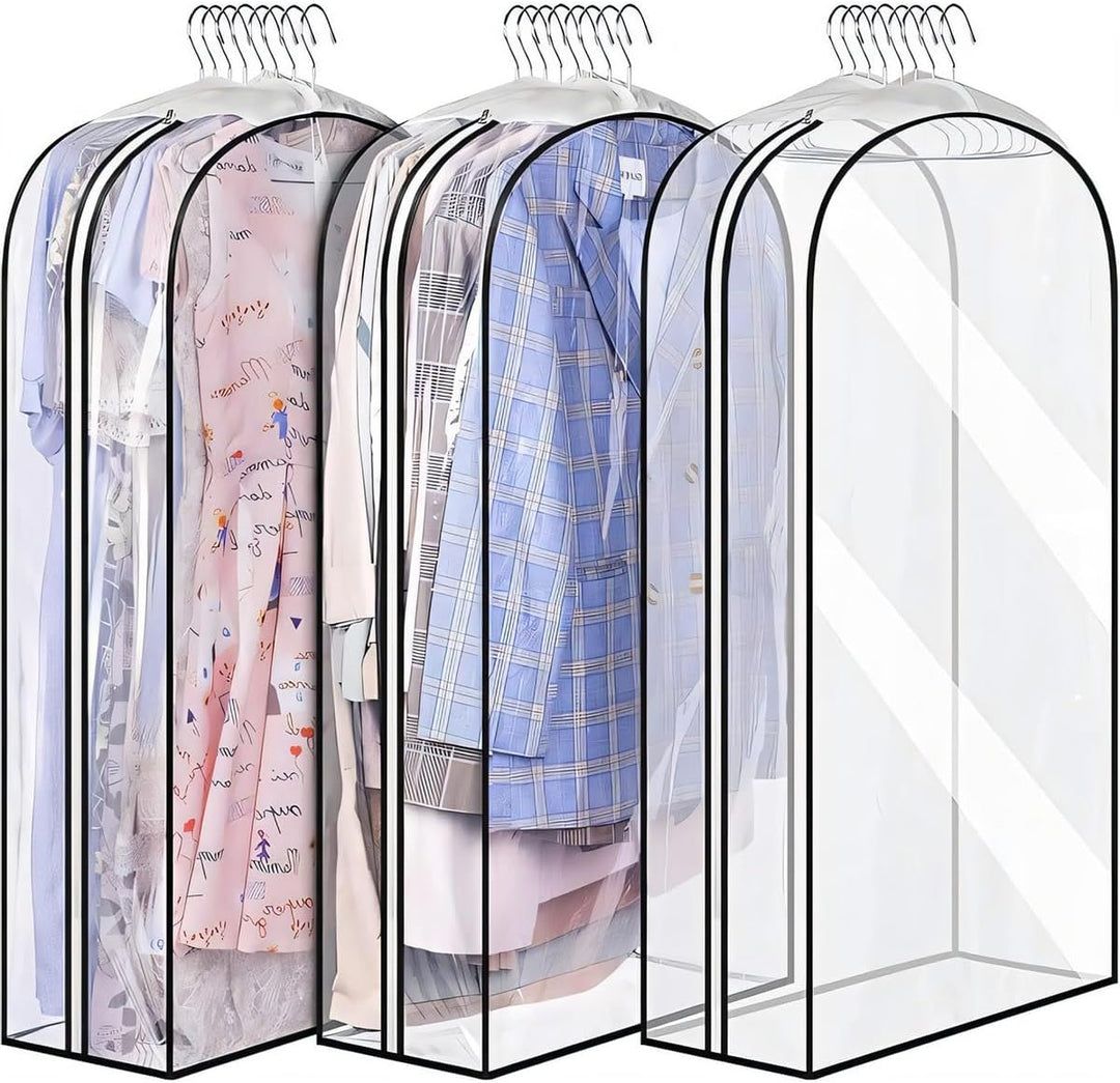 Premium 6-pack clear PEVA garment storage bags with side zippers for suits, dresses, and dust protection. Closet organization.