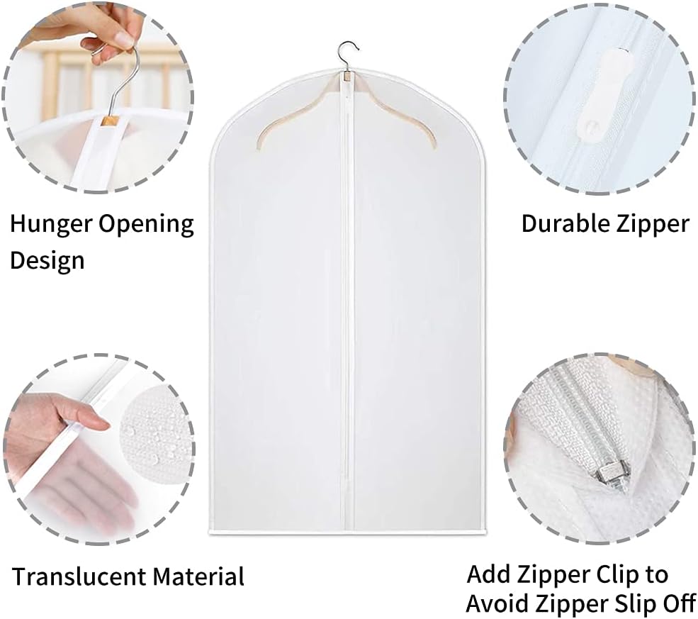 Clear garment storage bags (12-pack) made of PEVA, perfect for dustproof dress protection.