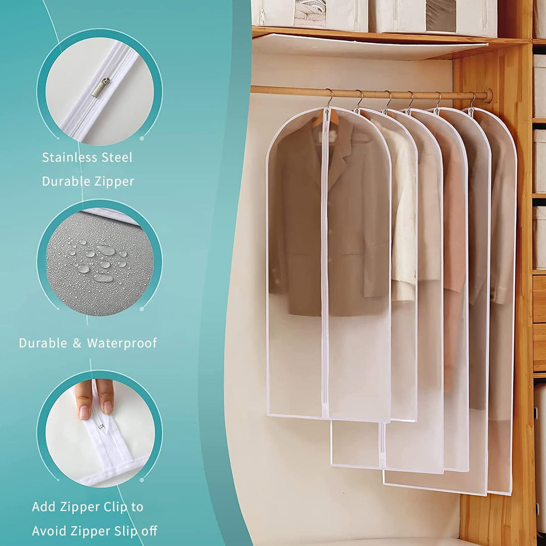 Keep clothes safe with 12 clear PEVA dustproof garment bags, ultimate clothing protection.