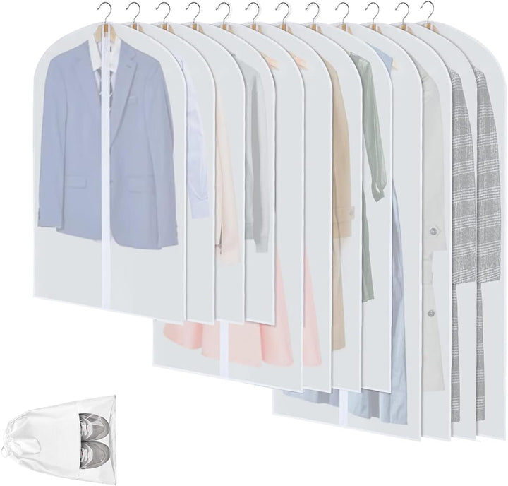 12-pack clear PEVA garment bags for dustproof clothes protection & organized wardrobe storage.