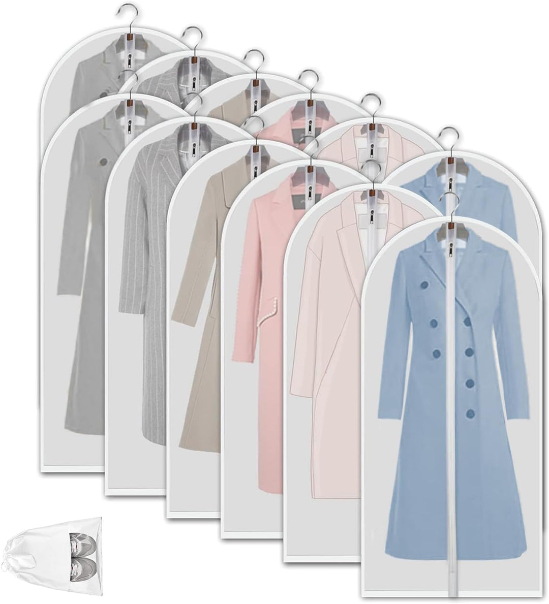 Unisex 12-pack clear PEVA garment bags, dustproof protection for dresses, suits & more.