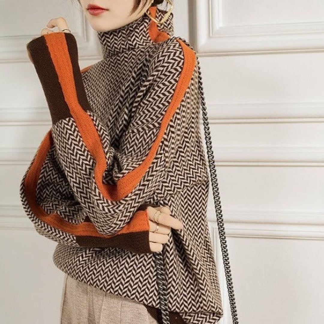 Women's chic houndstooth oversized turtleneck sweater, cozy knit for fall/winter fashion.