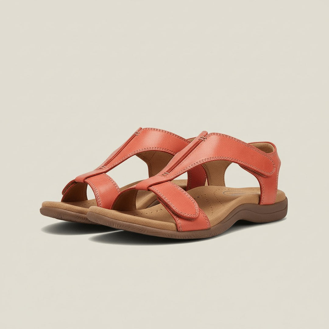 Comfortable women's T-strap orthopedic sandals, offering foot support for summer footwear.