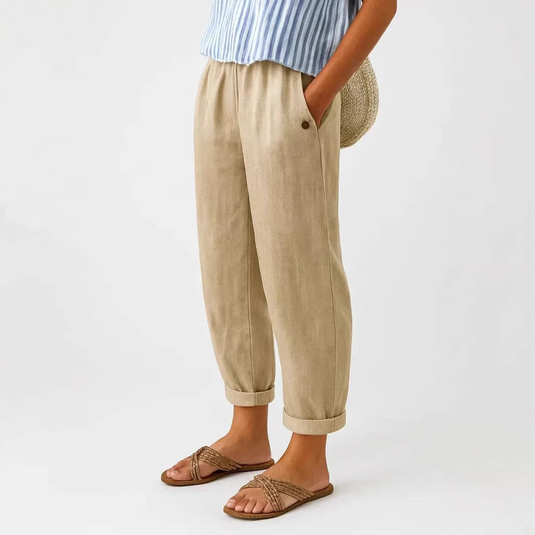 Spring/Summer women's casual pants with unique 3D button details for a fashionable relaxed fit.