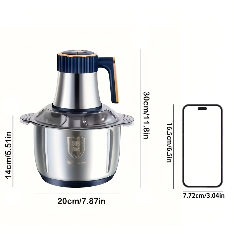 Powerful electric stainless steel meat mincer & vegetable slicer. Durable kitchen appliance for home cooking.