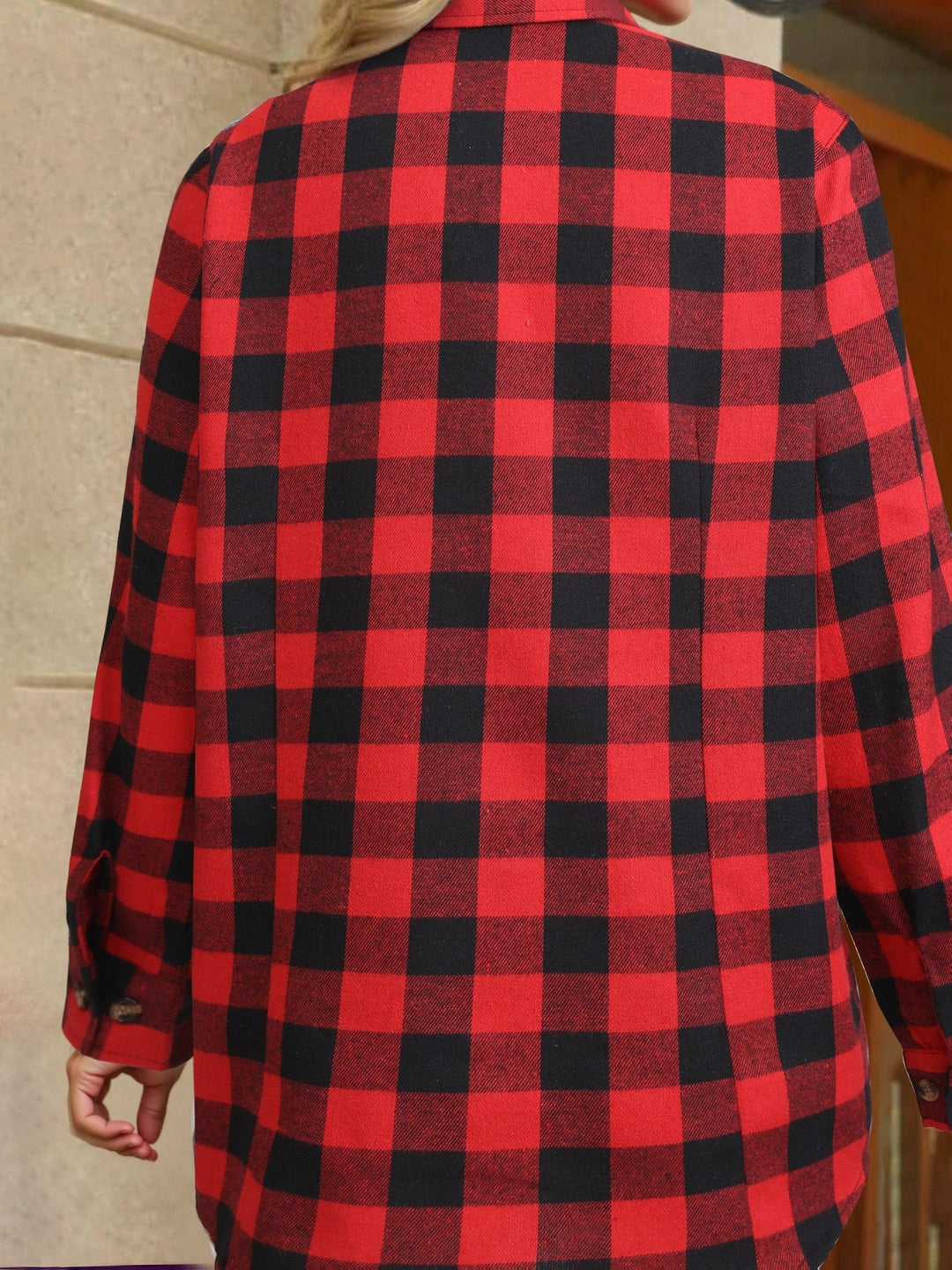 Button-up women's casual shirt, relaxed fit, buffalo check, long sleeve for cool weather.