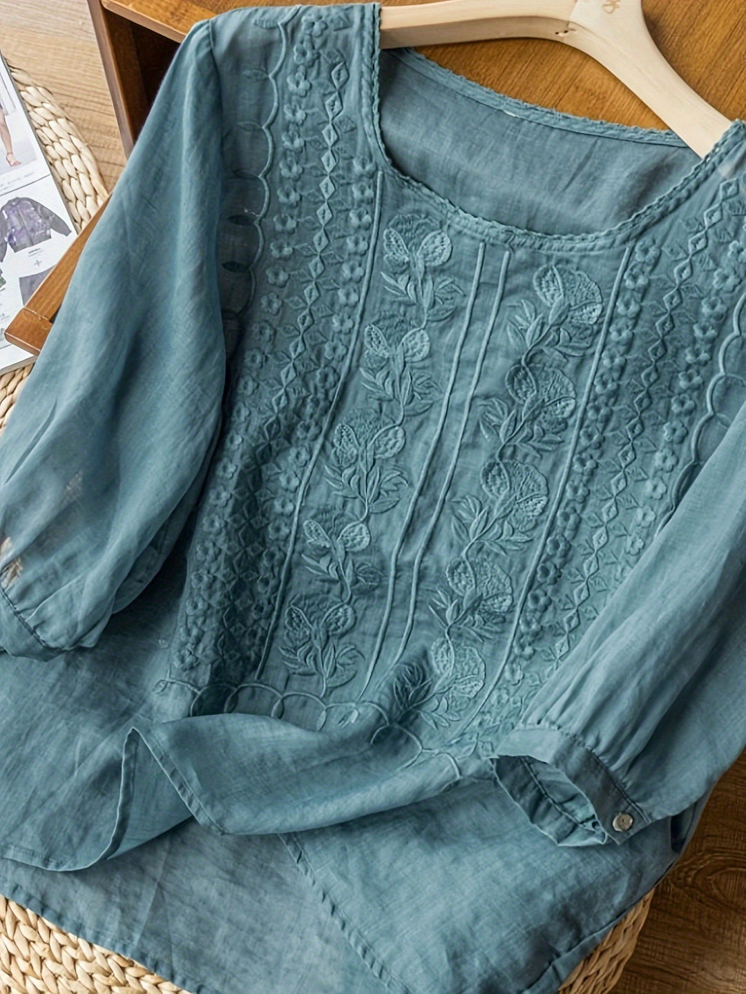 Chic women's embroidered relaxed fit blouse, versatile long sleeve top perfect for casual or office wear.
