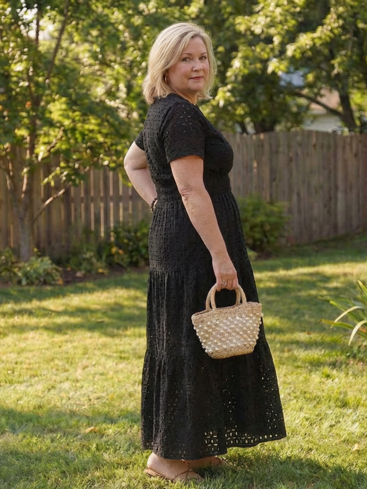 Breathable short sleeve eyelet midi dress for women, with a comfortable tiered design, great for everyday summer style.
