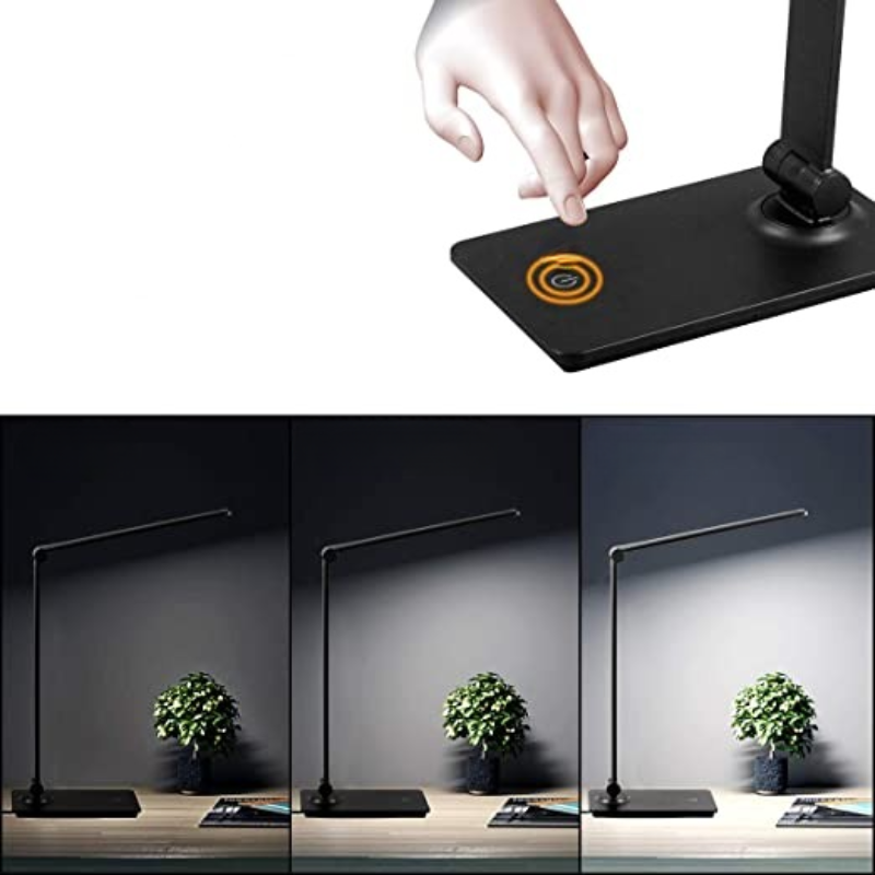 Sleek black foldable LED desk lamp. Dimmable, touch control, adjustable for comfortable office or home lighting.