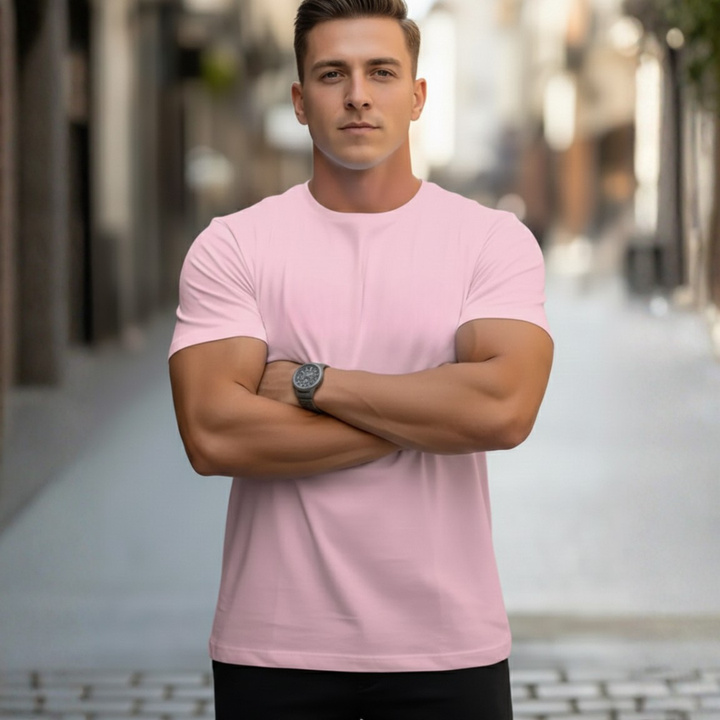 Side profile of a modern men's slim fit crew neck tee, a trendy short sleeve fitted shirt.
