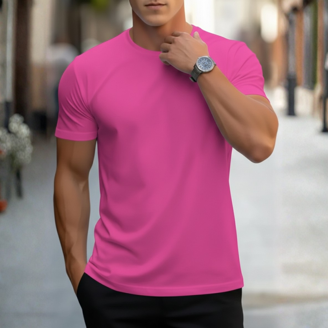 Back view of a men's crew neck slim fit short sleeve t-shirt, highlighting its sleek fitted style.