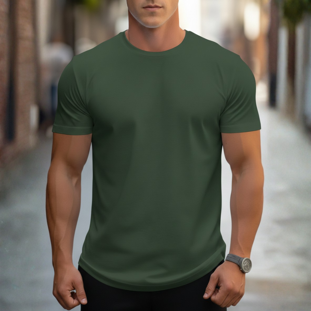 Man wearing a fitted crew neck short sleeve t-shirt, showcasing the flattering slim fit men's style.