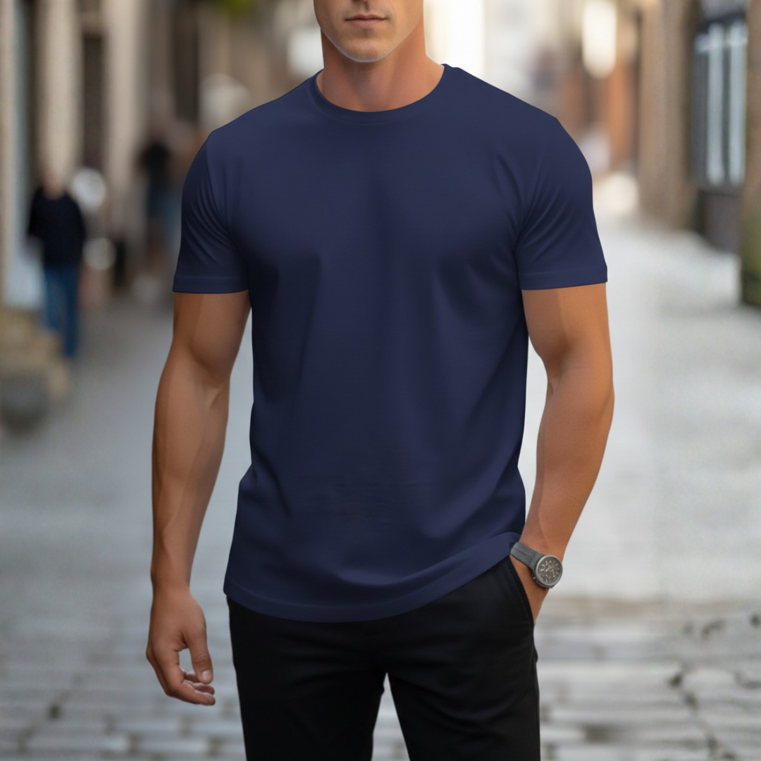 Front view of a classic men's slim fit crew neck short sleeve t-shirt, essential casual wear.
