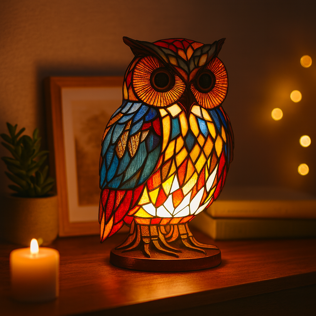 Decorative stained glass effect animal table lamp in a whimsical design.