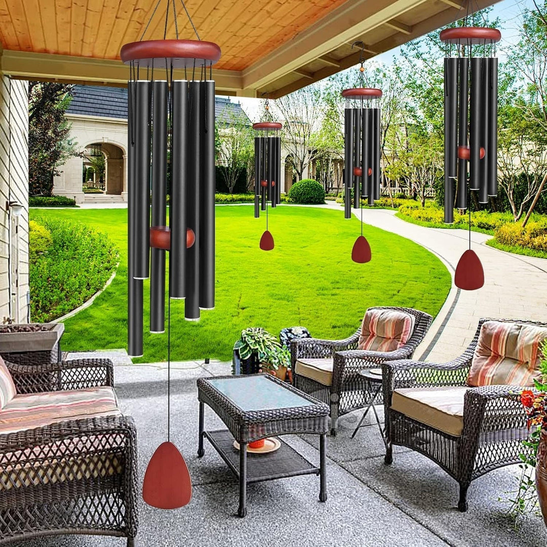 Deep tone aluminum wind chimes for serene outdoor relaxation; perfect garden or patio decor.