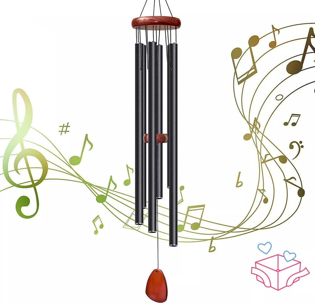 Tranquil deep tone aluminum wind chime; ideal outdoor decor for relaxation and peaceful ambiance.