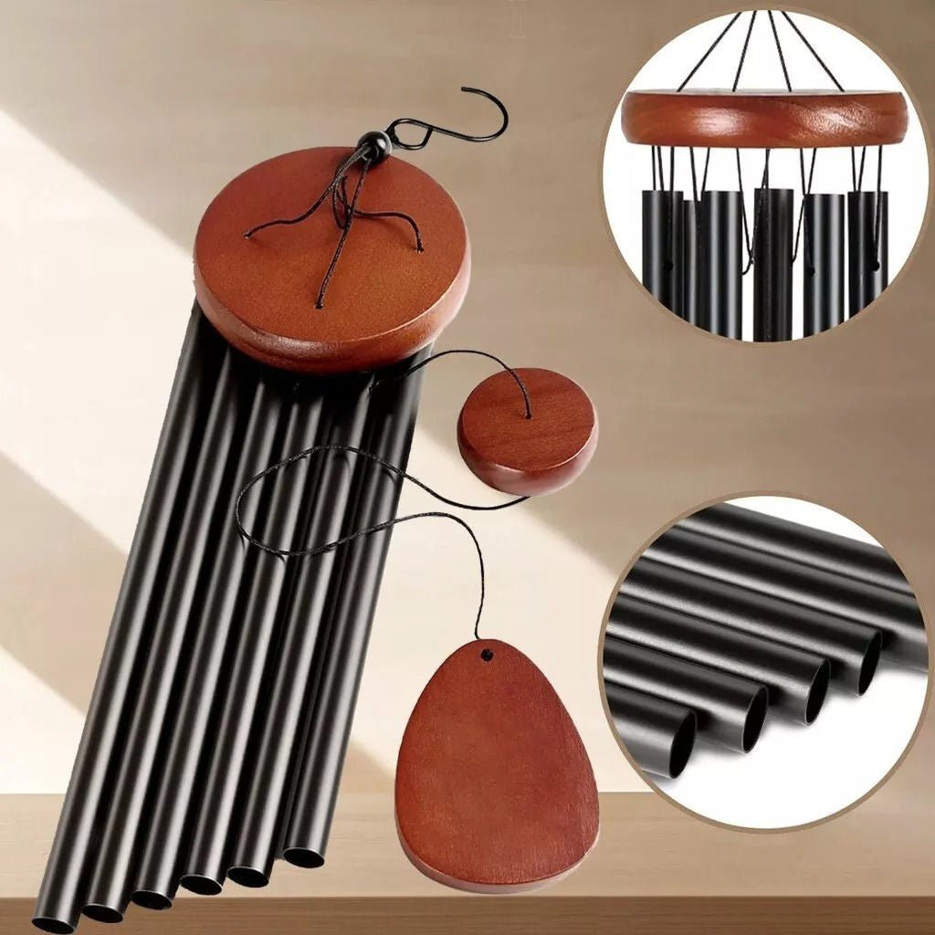 Close-up of polished deep tone aluminum tubes of a beautiful wind chime, ready for outdoor display.