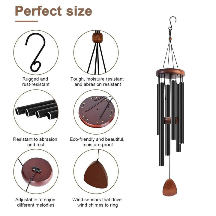 Outdoor deep tone aluminum wind chimes hanging on a porch, blending into tranquil garden decor.